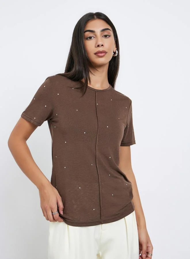Styli Styli Brown Embellished Short Sleeve T-Shirt